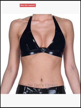 Latex Bikini Top with Buttons, U-Plunge Backless Wire Free Bra, Adjustable